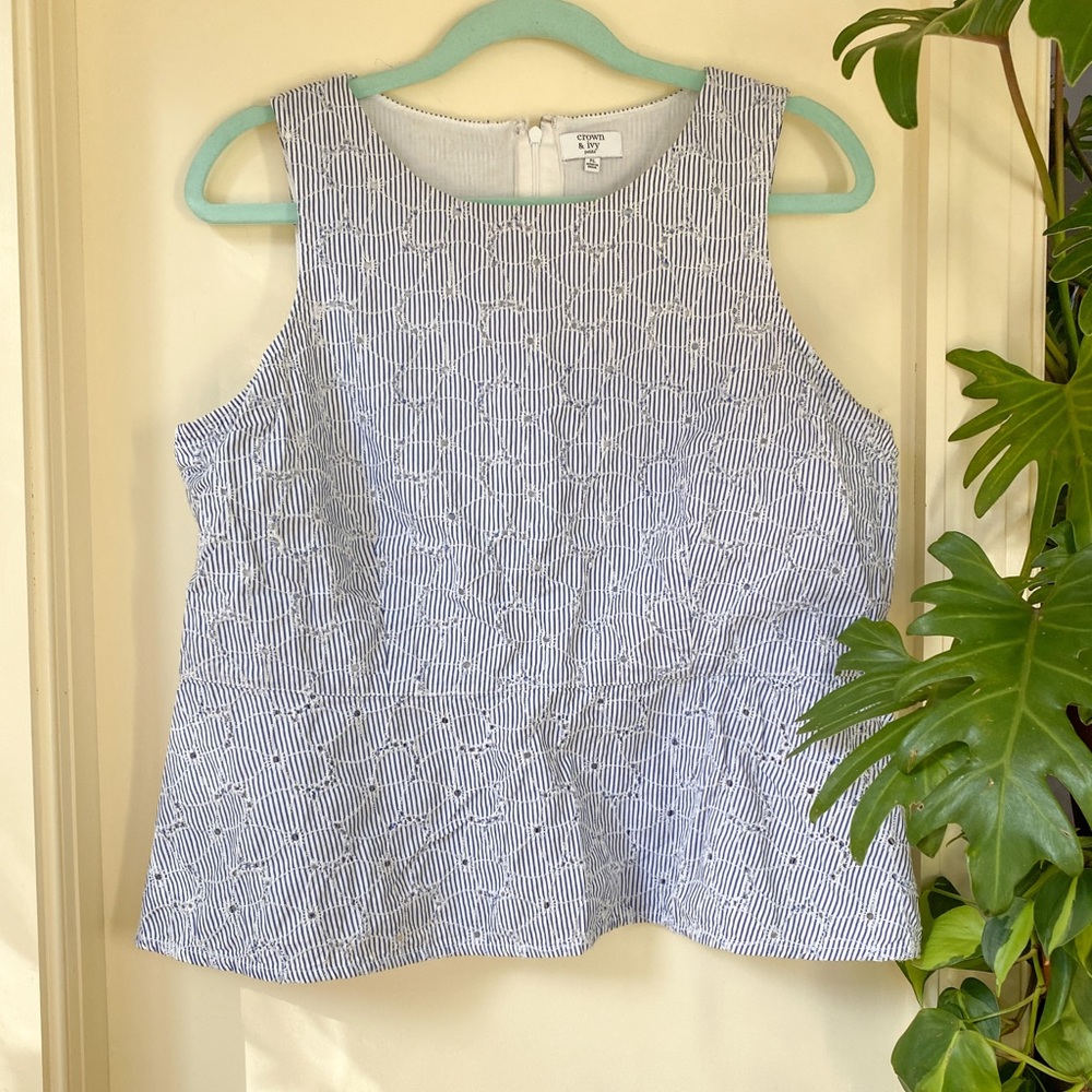 Crown & Ivy Blue Striped Eyelet Peplum Tank